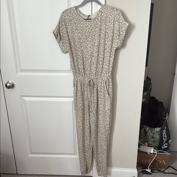 Gray and Cream Jumpsuit with Relaxed Fit and Elastic Waist - Picture 1 of 7